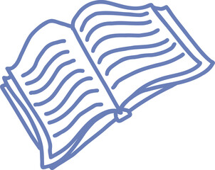 monochrome line-art open book illustration is floating on transparent canvas showing wavy line text