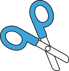Flat scissors icon is floating at diagonal angle with blue plastic handles, transparent background