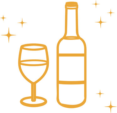Naklejki Stylized golden line art is depicting wine bottle and glass with sparkles on transparent background