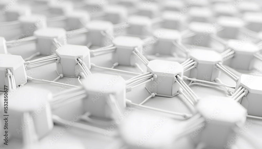 Poster abstract network of interconnected white hexagonal shapes.