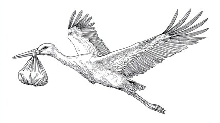 Sketch engraving of flying stork carrying baby bundle in beak in classic vintage black and white style