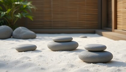 Serene Zen Garden Stones on Raked Sand with Bamboo Background