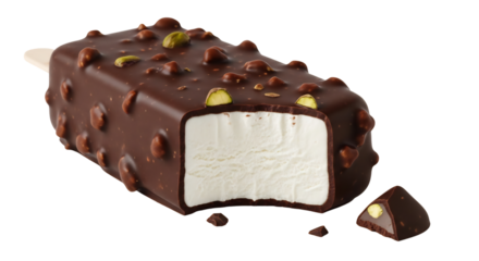 Delicious chocolate-coated ice cream bar with nuts, bitten to reveal creamy white ice cream, isolated on white & transparent background. Perfect for summer marketing, dessert menus