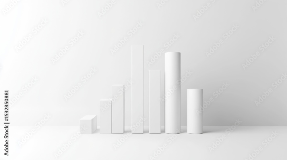 Poster Minimalistic bar chart with three-dimensional bars in various heights, set against a clean white background.