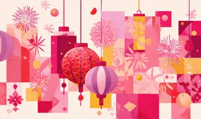 Festive illustration featuring pink and red geometric shapes, hanging lanterns, fireworks, and floral motifs, suggesting a celebratory occasion