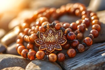 Macro of brown meditation bracelet with sacred symbol pendant