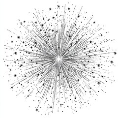 Sketch engraving of radiant starburst explosion with sparkling lines and dots in black and white design