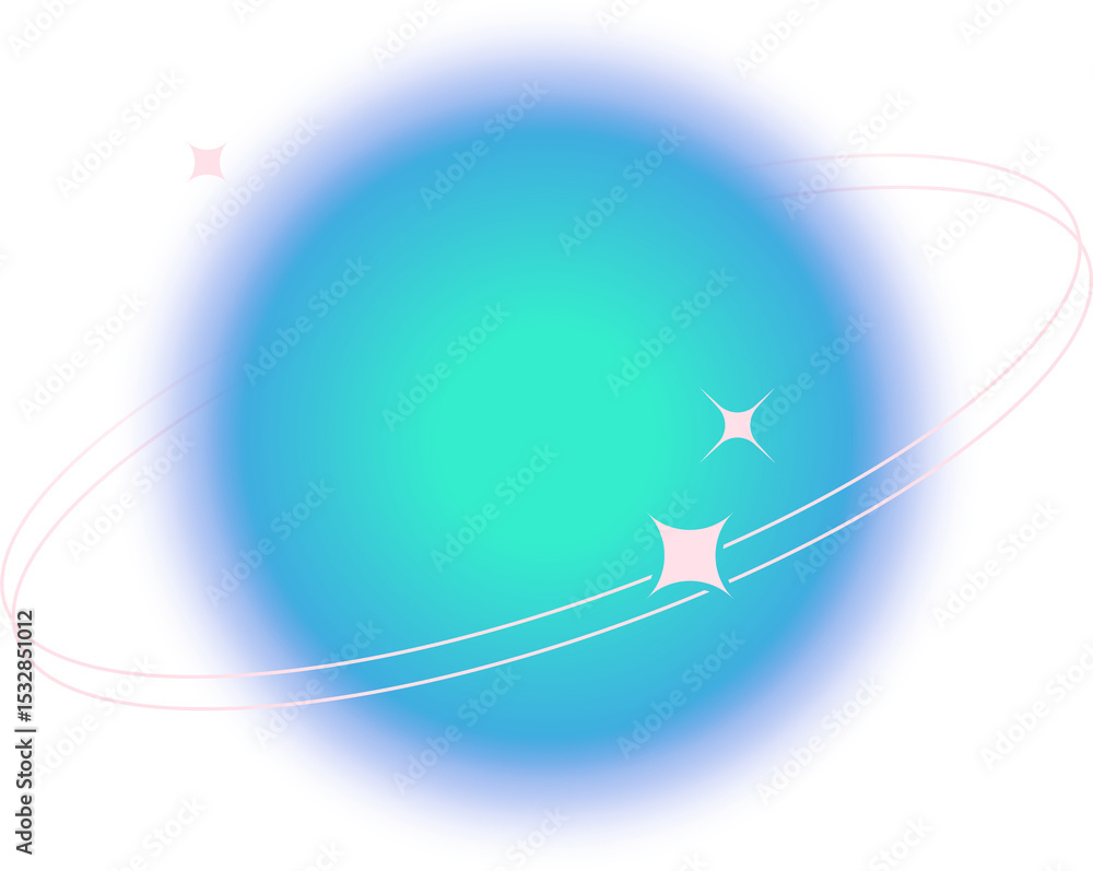 Poster flat design sphere is glowing teal gradient with white bands and sparkles on transparent background