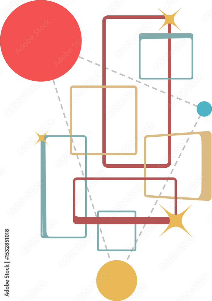 Poster flat design network is linking shapes with dashed lines, star motifs on transparent background