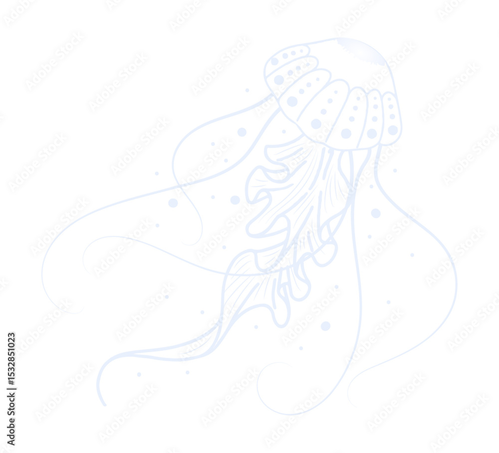 Poster jellyfish is floating in transparent backdrop, showing pale blue-white line art and bubble clusters