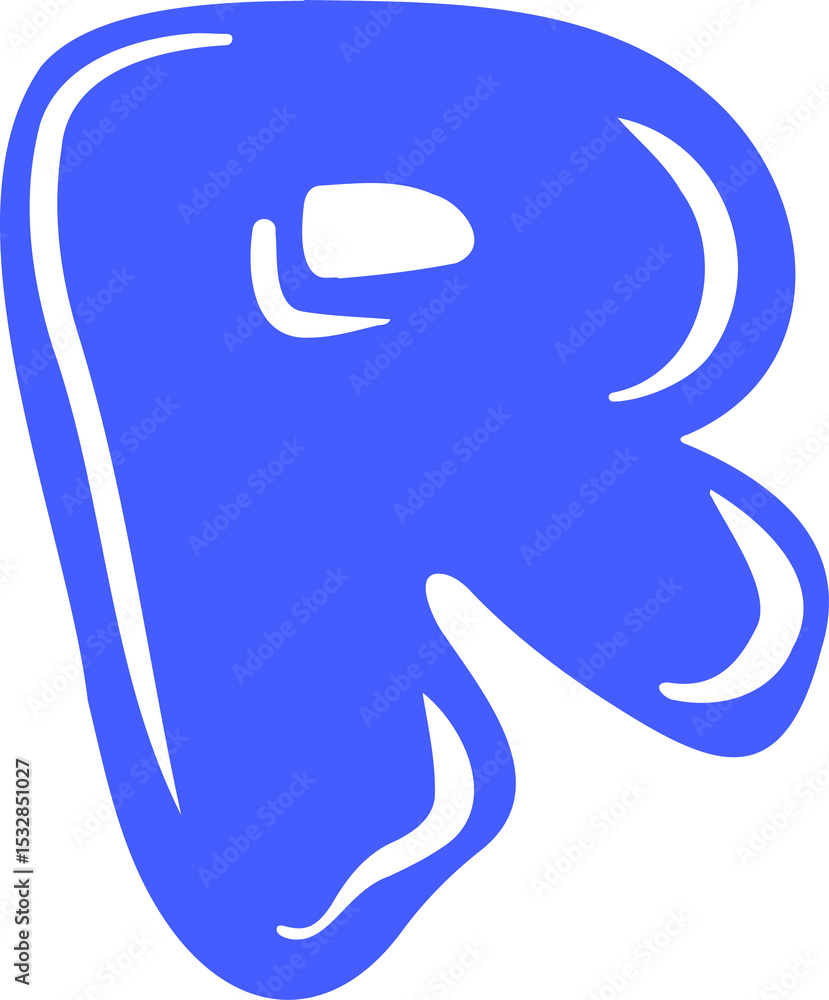 Poster showing bright blue abstract r floating on transparent canvas, featuring rounded graffiti contours