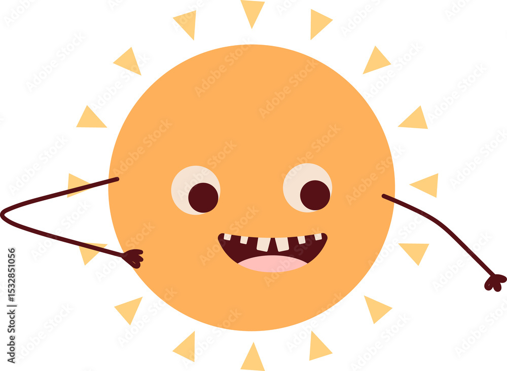 Poster flat design sun is floating on transparent background with golden rays, smiling face and stick arms