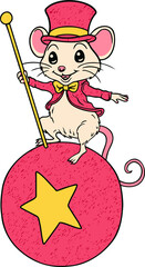 Flat design ringmaster mouse is balancing on red star ball, wearing top hat, transparent background