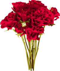 Red rose bouquet is showing stems and layered petals in flat design on transparent background