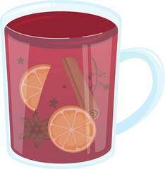 Flat design is showing glass mug with mulled wine, orange slices and spices, transparent background