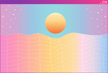 Gradient sun disk is hovering over wavy grid landscape in vaporwave style, transparent background © vectorfusionart