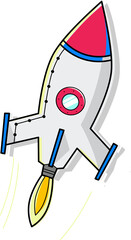 Flat vector rocket is ascending with nose, porthole, fins, yellow flame, transparent background