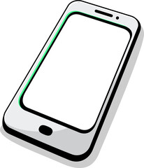 Cartoon phone is tilting with blank display and front controls on transparent background