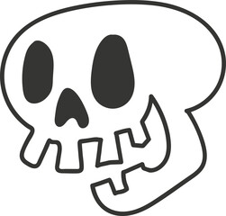 Minimalist cartoon-style skull is floating, showing eye sockets and teeth on transparent background