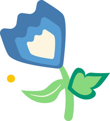 Flat vector flower is showing layered blue petals and yellow accent on transparent background
