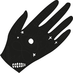Flat hand featuring occult botanical motifs is floating on transparent background, copy space