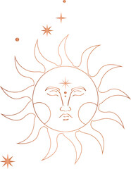 Serene sun motif is radiating rays in minimal copper line art, with stars, transparent background