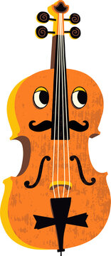 Cartoon violin is featuring eyes, mustache and four strings in flat design, transparent backdrop