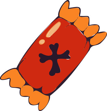 Naklejki Cartoon wrapped candy is floating on transparent bg with red wrap, orange flares and dark cross