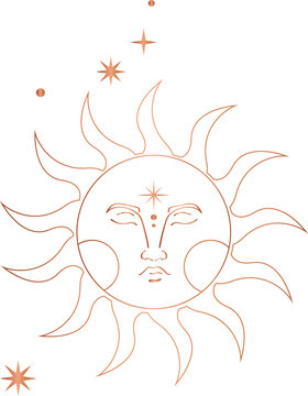 Naklejki Serene sun motif is radiating rays in minimal copper line art, with stars, transparent background