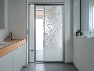 Modern bathroom interior with frosted glass sliding door