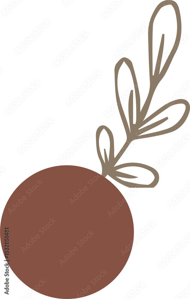 Poster abstract graphic is showing rust circle and tan botanical branch, in flat style on clear background