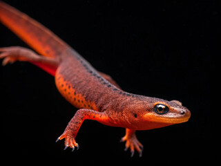 Obraz premium Red newt swimming in aquarium with black background. Breeding. Pet. Raise. Swimming gracefully.