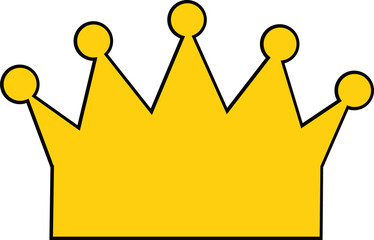 Flat vector golden-yellow crown icon is being shown on transparent background, featuring five peaks