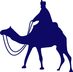 Silhouette traveler is riding camel in flat design, featuring reins and transparent background