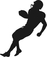 Flat silhouette showing football player running with ball in dynamic pose, transparent background