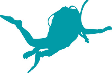 Displaying teal diver silhouette diving horizontally on transparent bg with tank fins snorkel hose