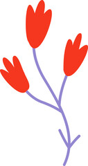 Floral sprig in flat design is showing three red buds on lavender stem, transparent background