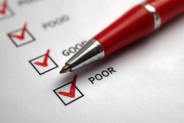Red pen ticking checklist with rating options on white form paper background