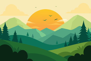 Sunset over green mountains and rolling hills