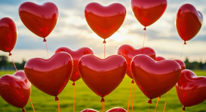 Heart-shaped balloons in a field