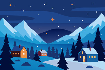 Fototapeta premium Cozy winter village night scene in mountains