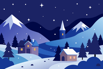 Fototapeta premium Snowy night village in mountain landscape
