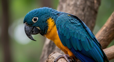 Vibrant blue and gold macaw perched on a branch, showcasing its striking plumage and captivating gaze