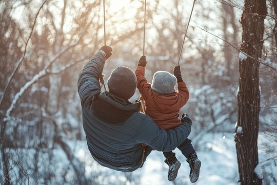Father enjoys winter day pushing son on rope swing among snowy trees at sunset, Father pushes son boy sway on a rope swing suspended on a tree in winter forest nature