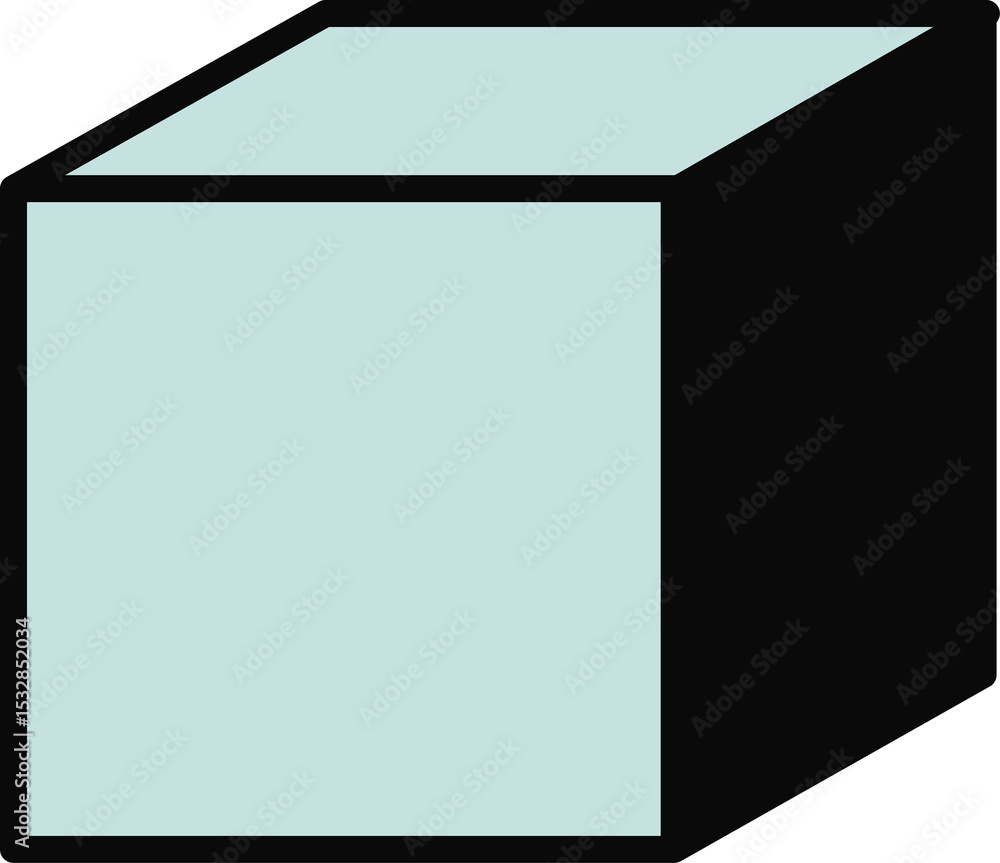 Poster stylized 3d cube is floating on transparent background, featuring light teal faces and black edges