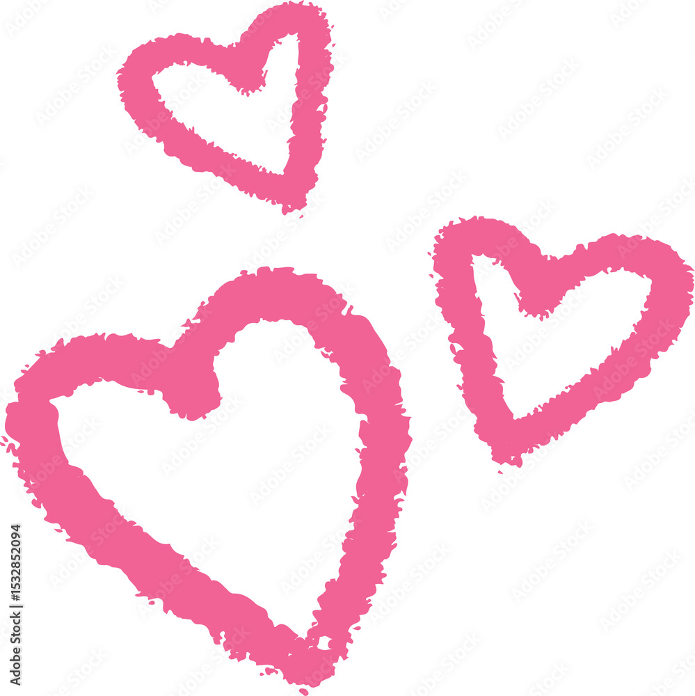 Poster three scribbled pink hearts are floating diagonally on transparent canvas in brushstroke style
