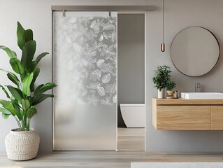 Stylish washroom with plants and frosted glass partition
