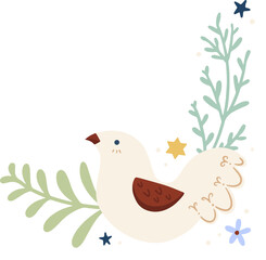 Flat vector bird is perching on leafy branches with stars and purple flower, transparent background
