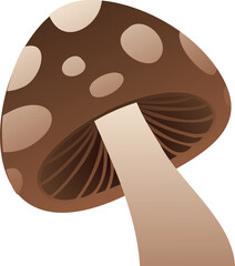Stylized brown mushroom is being shown on transparent background with beige spots and dark gills