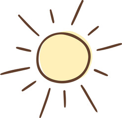 Hand-drawn sun icon hovering against transparent backdrop, featuring yellow disk with brown rays